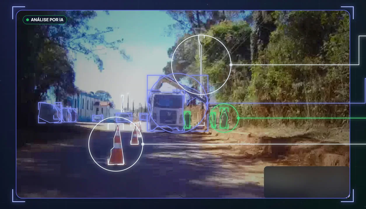 Vídeo de campo analisado pela IA: poste, caminhão, trabalhador e cones reconhecidos