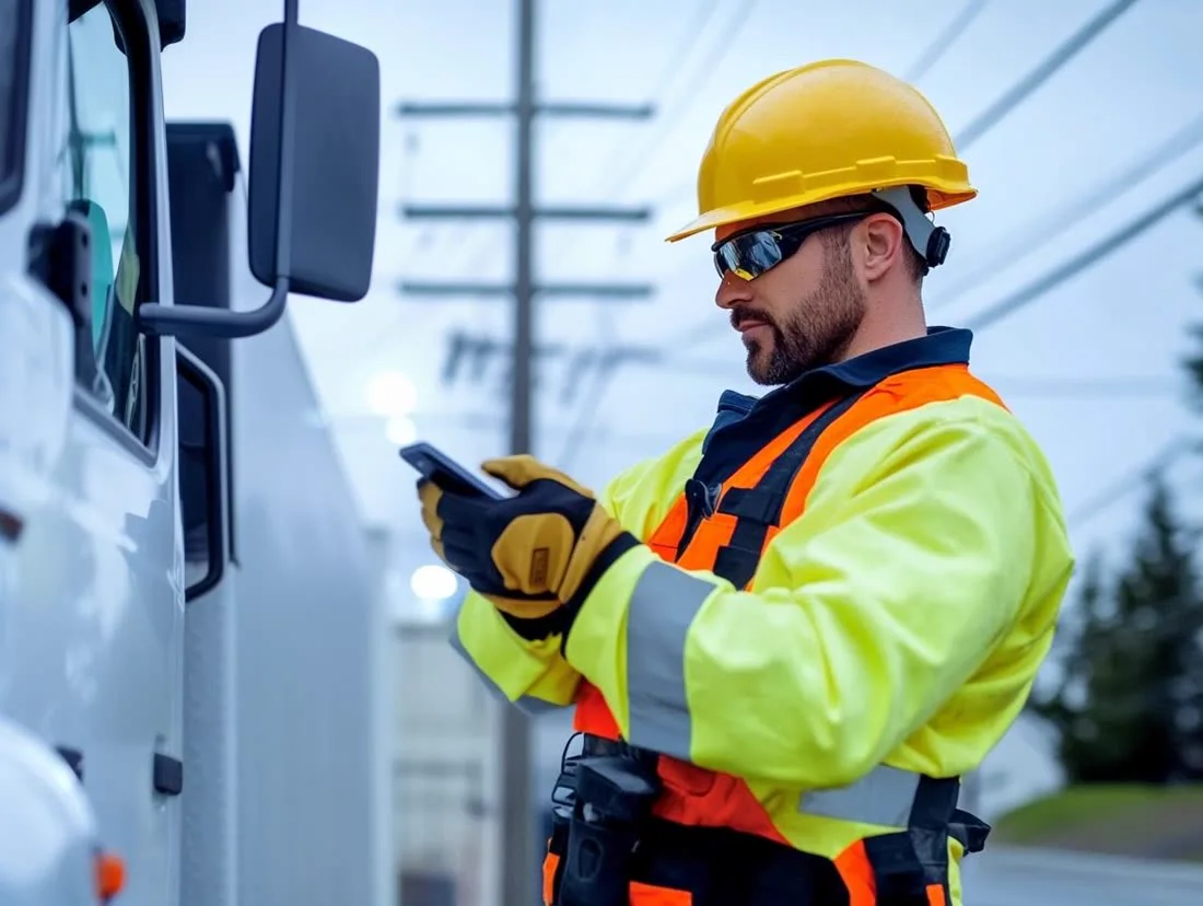 Técnico de segurança registrando uma inspeção em campo pelo celular